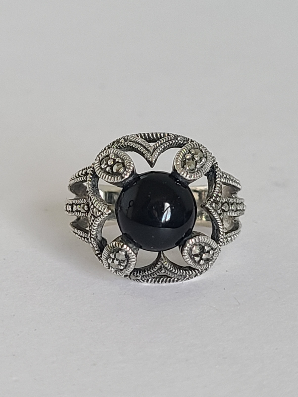 Vintage Boho Sterling Silver Black Onyx Floating Cabochon Marcasite Crystal Ring - Picture 2 of 14
